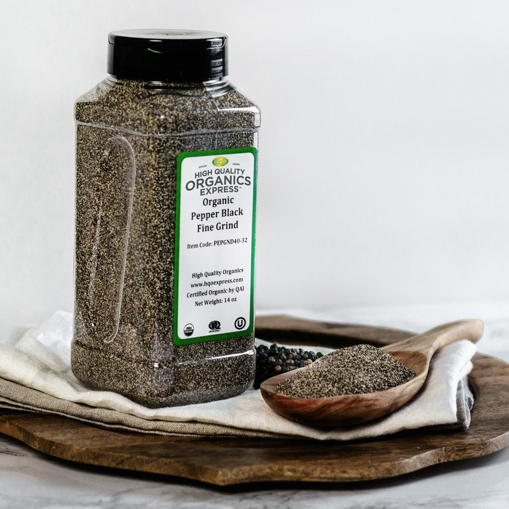High Quality Organics Express Black Pepper Fine Grind 40 Mesh Display