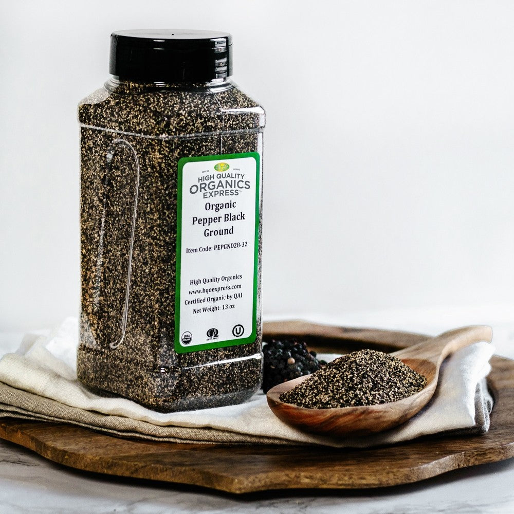 High Quality Organics Express Black Pepper Medium Grind 28 Mesh Display